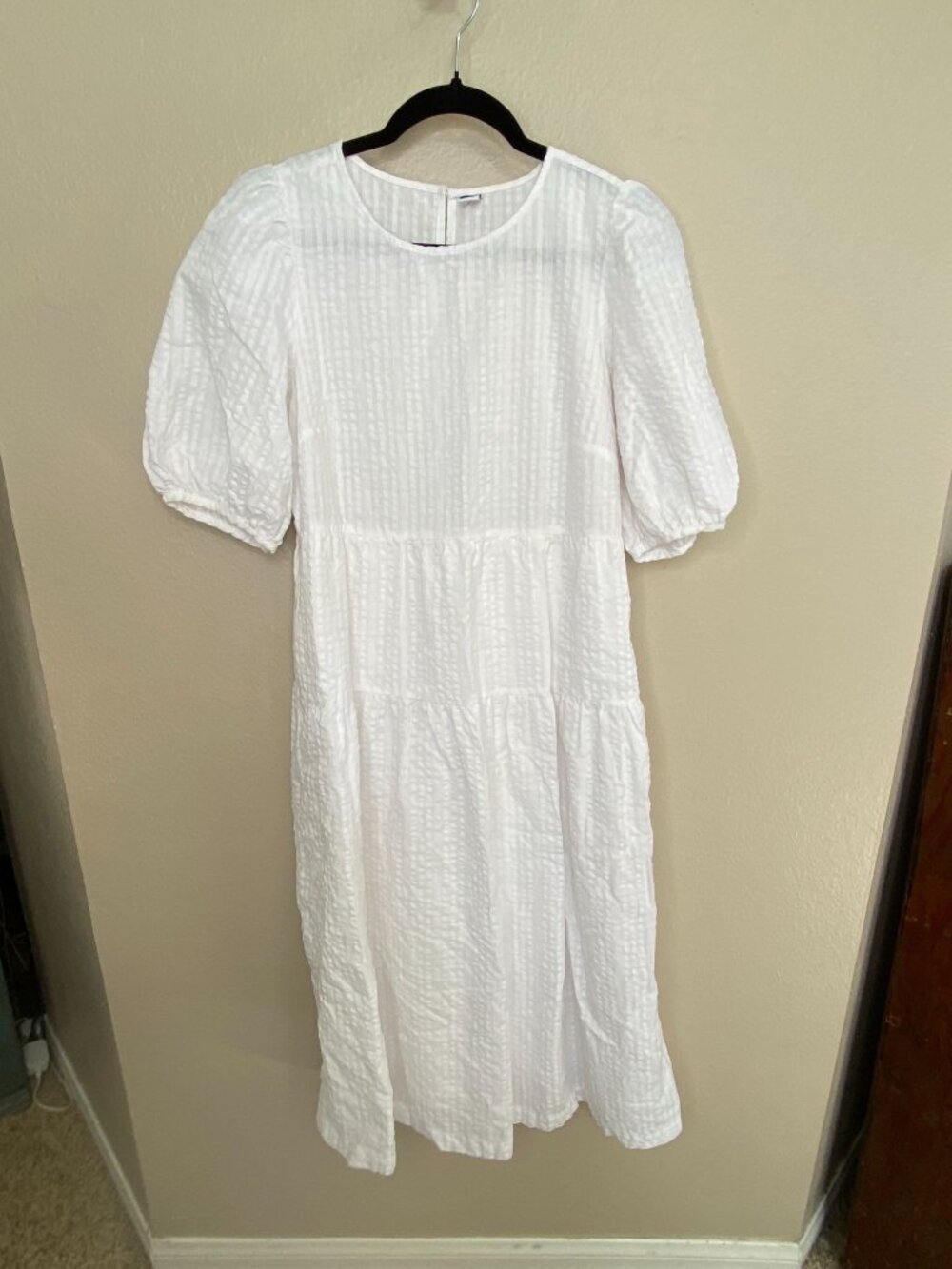 Old Navy Womens White Tiered Midi Dress M Puff Sleeve Cotton Blend Pullover - Picture 2 of 7